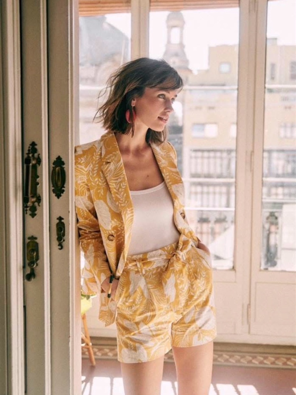 Sezane Ochre Foliage Top and Lucas Shorts Co-ord Set 36 XS/S